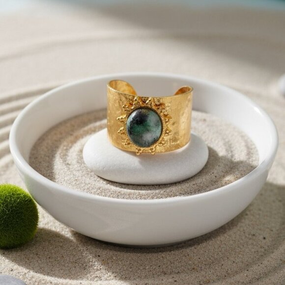 🆕️ Elegant 18K Gold Plated Adjustable Ring with Moss Agate Stone, Fits 7-8 💍 - Picture 5 of 17